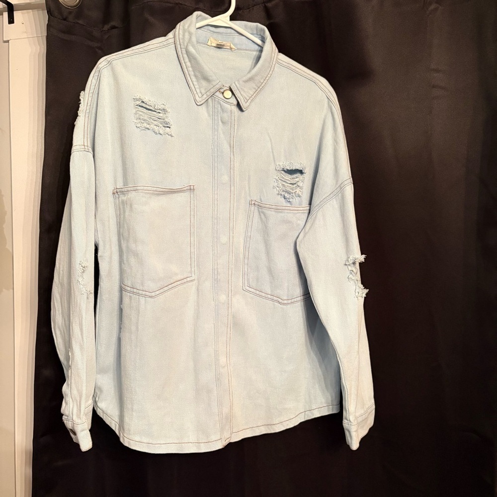 Eesome denim shirt jacket smiley face Peace Love Ash and Antler